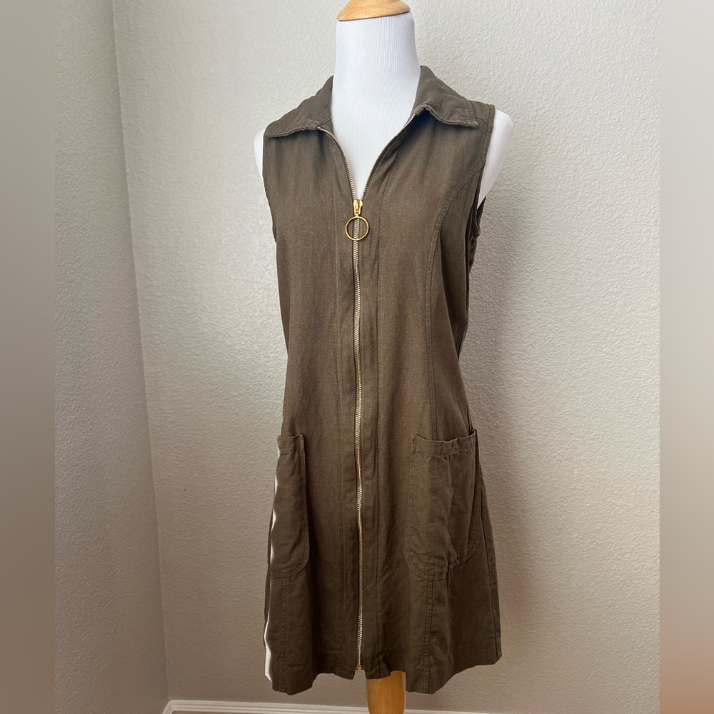 Creaneau Olive Collared Zip Front Linen Dress, 4